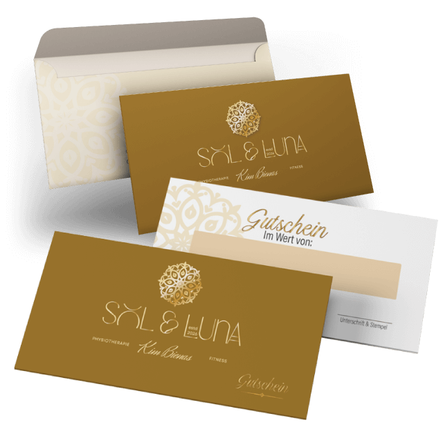 Gutscheinvorlage in Gold: �berschrift 'Gutschein', Feld 'Im Wert von' zum Eintragen des Betrags sowie Zeilen f�r Ort/Datum, G�ltigkeit und Unterschrift/Stempel.